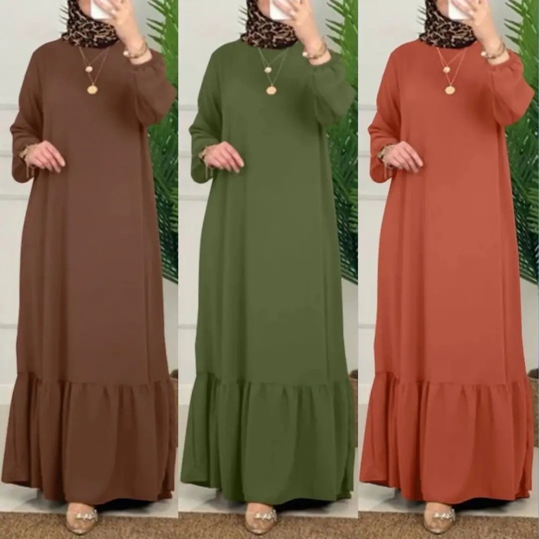 Solid Color Puff Sleeve Ruffle Hem Dress Vintage Robe with Pockets Women's Loose Long Dress — feature 4