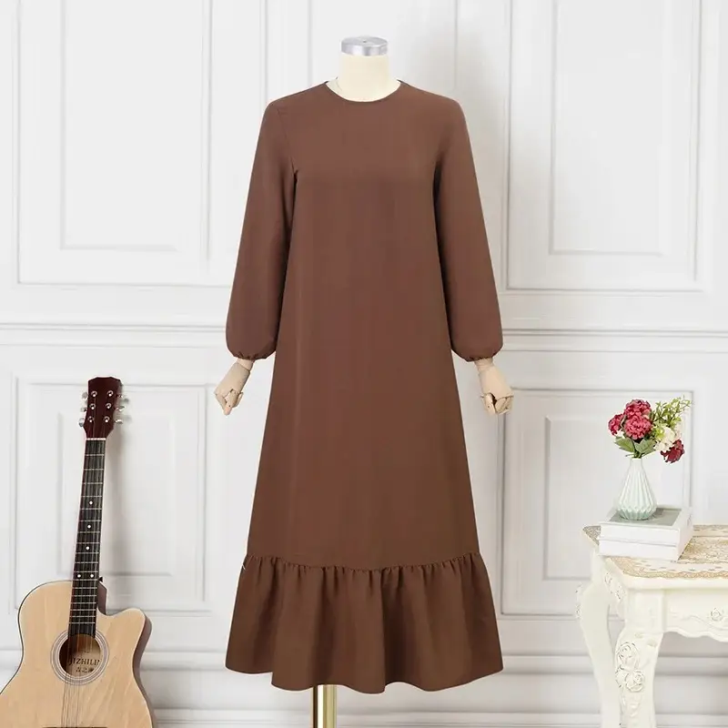 Solid Color Puff Sleeve Ruffle Hem Dress Vintage Robe with Pockets Women's Loose Long Dress — feature 8