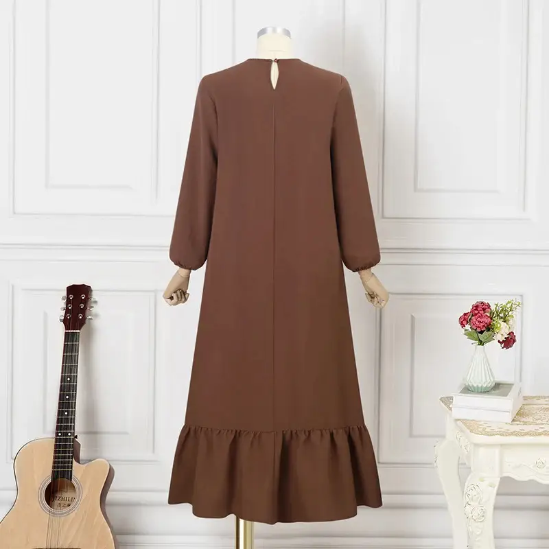 Solid Color Puff Sleeve Ruffle Hem Dress Vintage Robe with Pockets Women's Loose Long Dress — feature 9