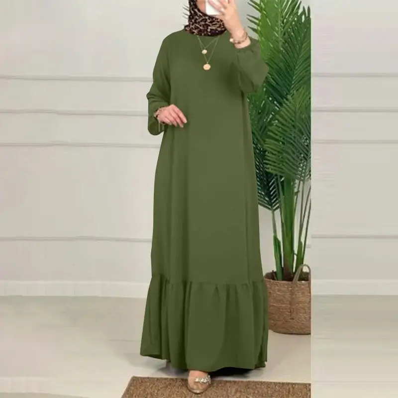 Solid Color Puff Sleeve Ruffle Hem Dress Vintage Robe with Pockets Women's Loose Long Dress