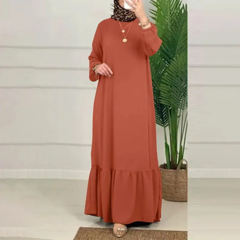 Solid Color Puff Sleeve Ruffle Hem Dress Vintage Robe with Pockets Women's Loose Long Dress