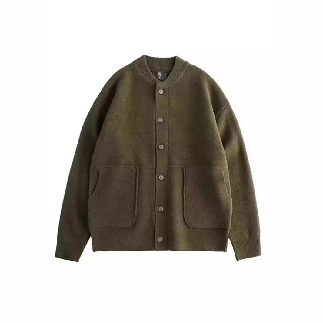 Olive Green Knitted Men's Cardigan Jacket Loose Fit