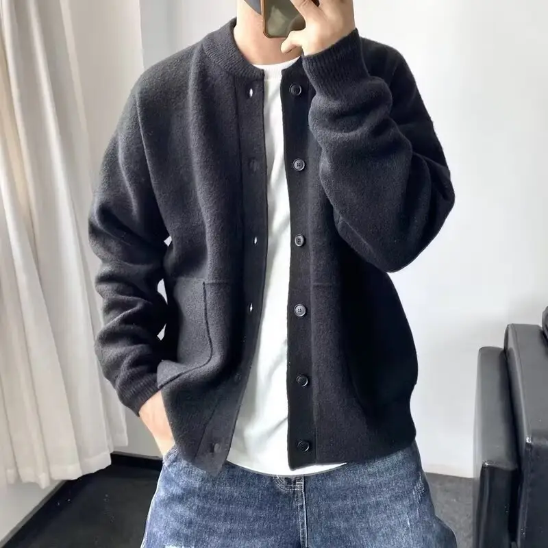 Olive Green Knitted Men's Cardigan Jacket Loose Fit — feature 13