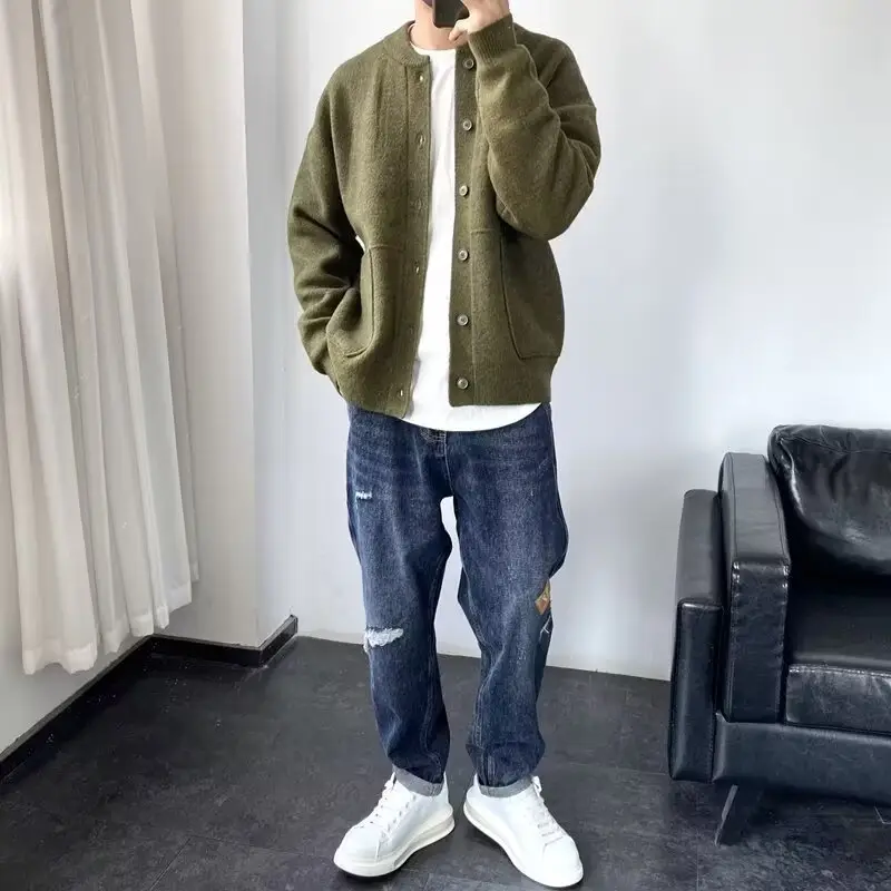 Olive Green Knitted Men's Cardigan Jacket Loose Fit — feature 14