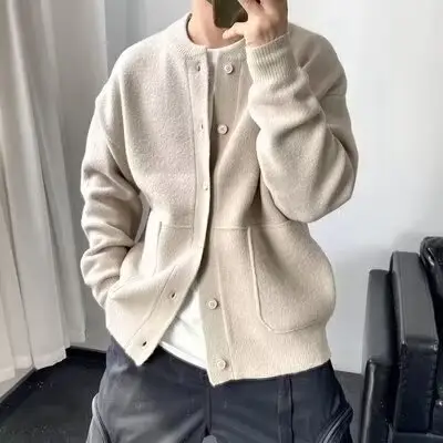 Olive Green Knitted Men's Cardigan Jacket Loose Fit — feature 19