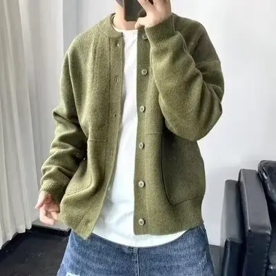 Olive Green Knitted Men's Cardigan Jacket Loose Fit — feature 8