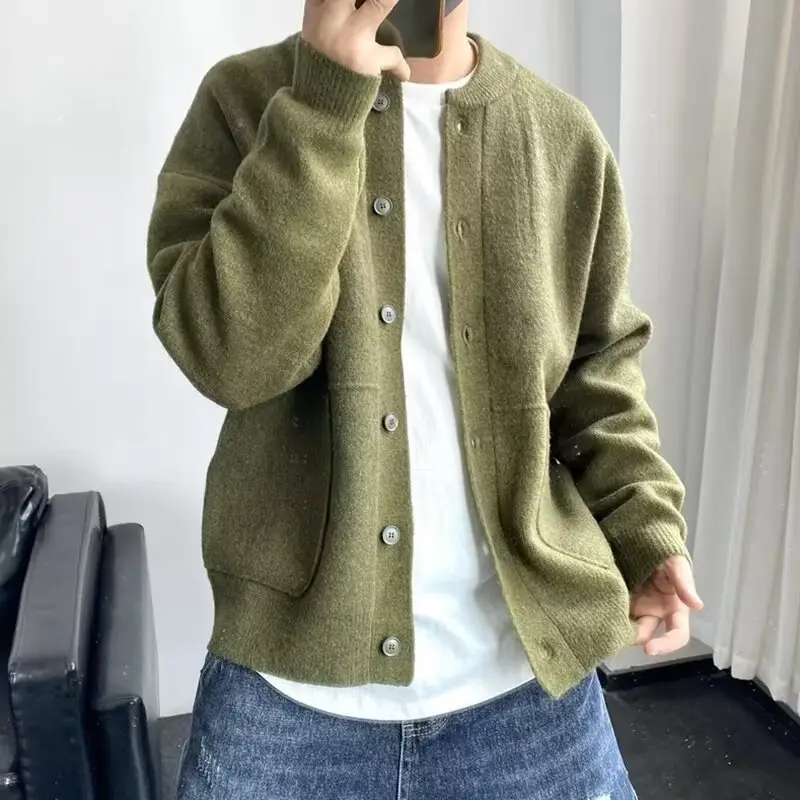 Olive Green Knitted Men's Cardigan Jacket Loose Fit