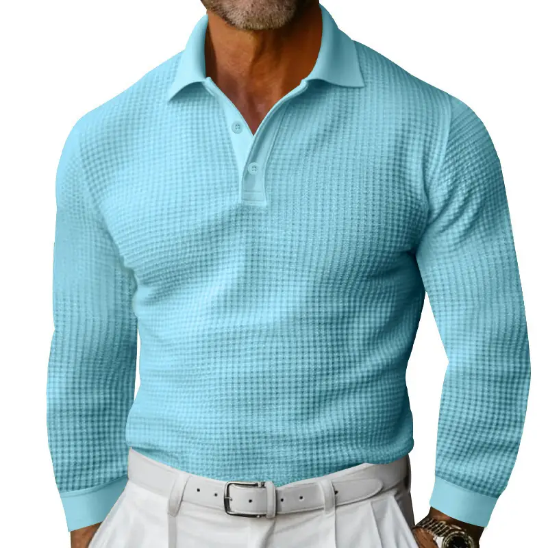 Cross-Border Men's Waffle Knit Polo Shirt Long Sleeve Vacation Casual T-Shirt — feature 17