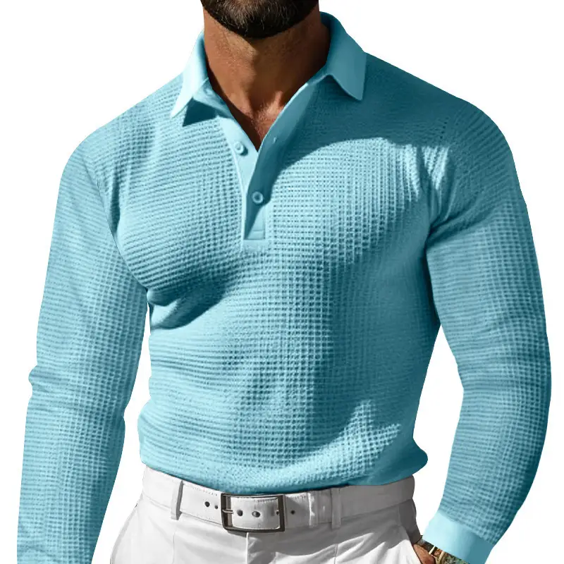 Cross-Border Men's Waffle Knit Polo Shirt Long Sleeve Vacation Casual T-Shirt - Image 3