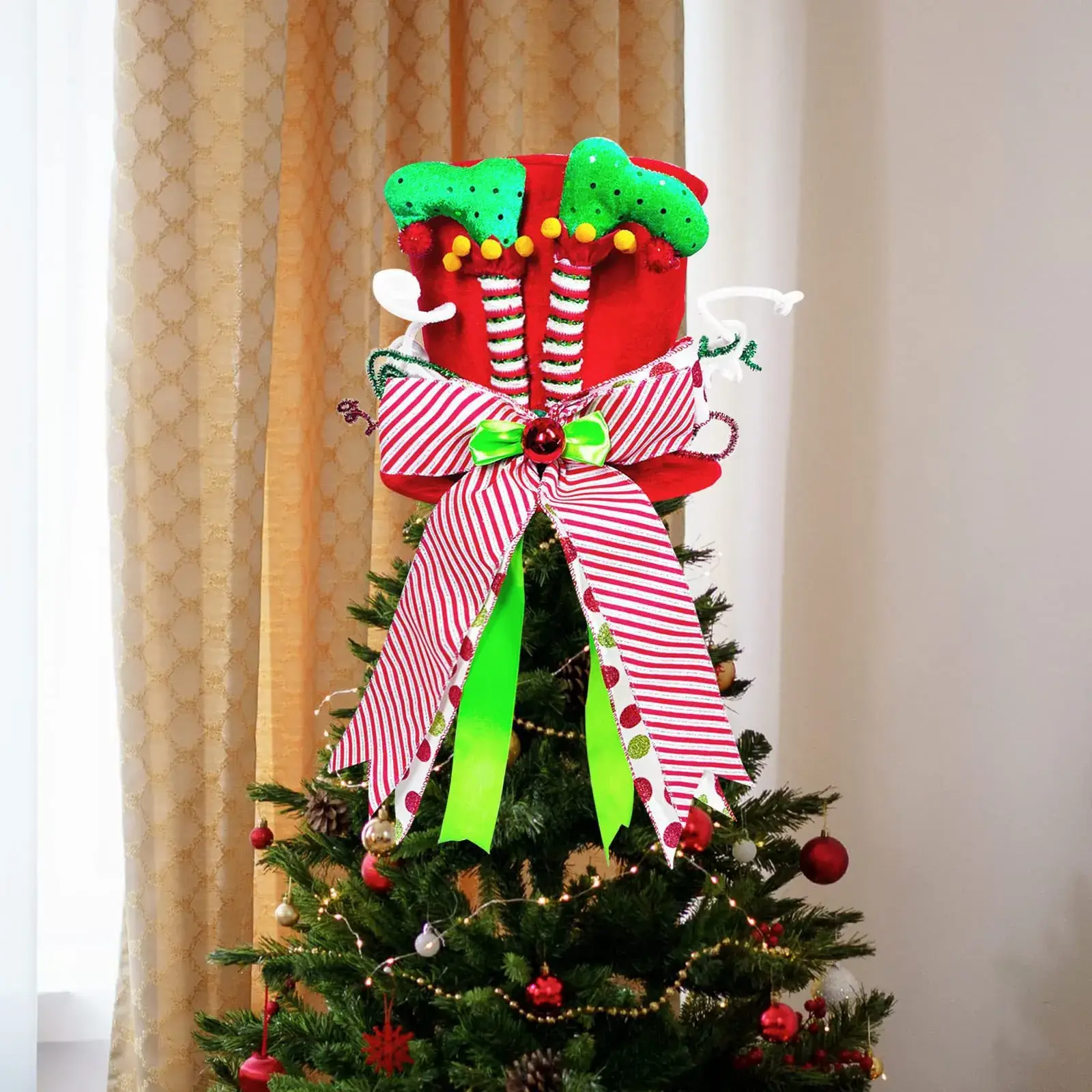 Christmas Tree Top Hat with Witch Leg Bow Decor