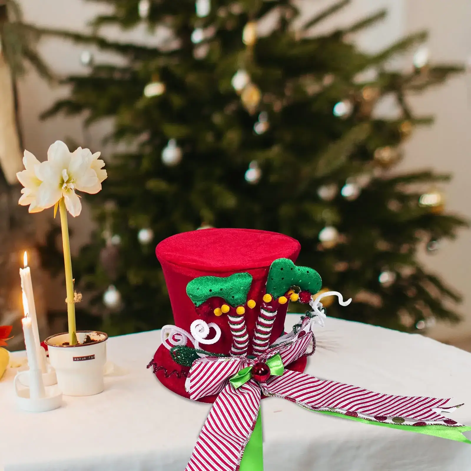 Christmas Tree Top Hat with Witch Leg Bow Decor