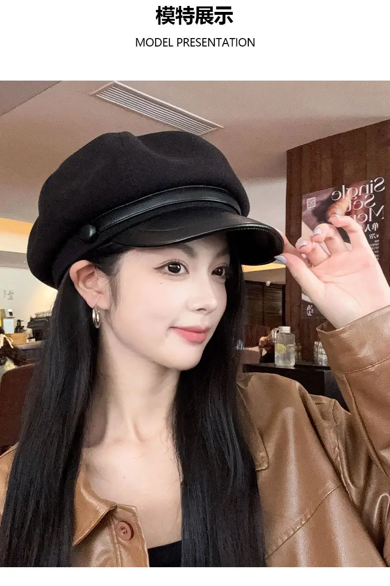 Women's Black Octagonal Beret Cap Spring Autumn Wear — feature 11