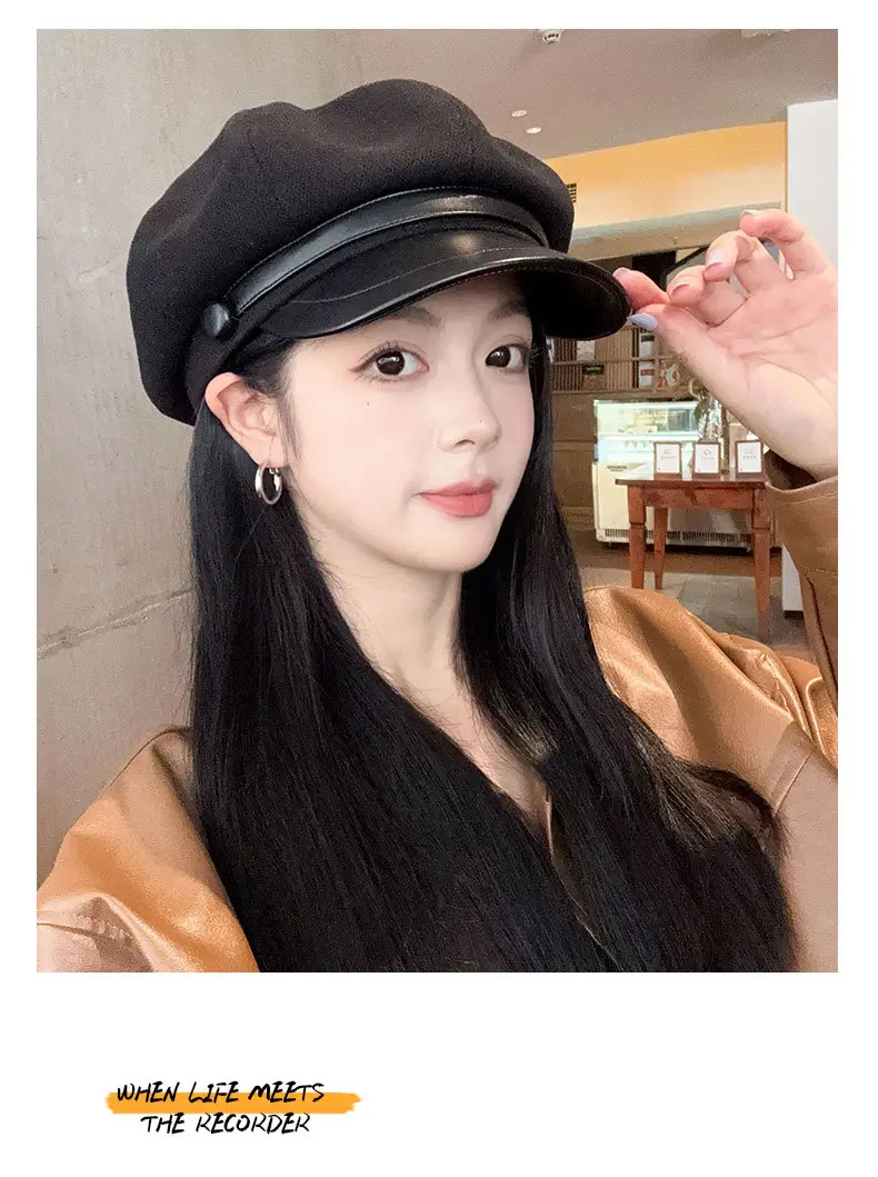 Women's Black Octagonal Beret Cap Spring Autumn Wear — feature 12