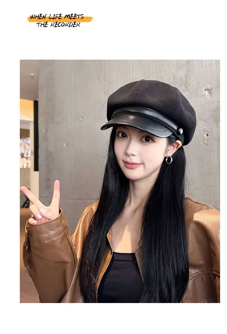 Women's Black Octagonal Beret Cap Spring Autumn Wear — feature 16