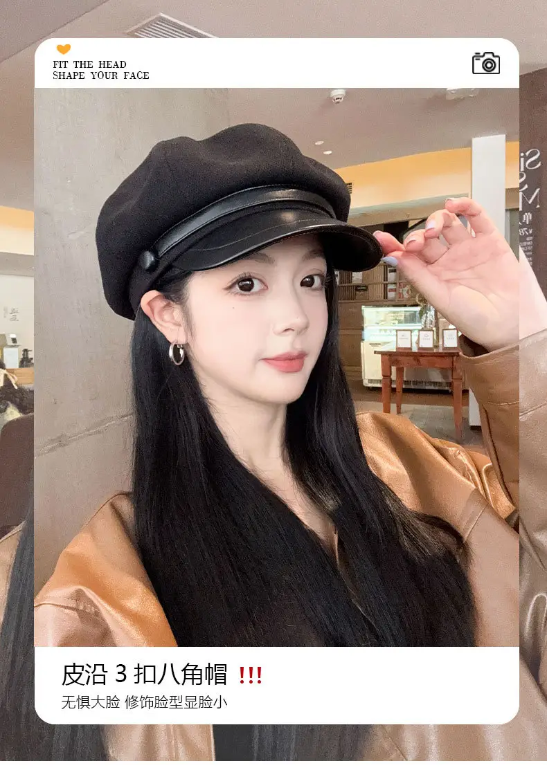 Women's Black Octagonal Beret Cap Spring Autumn Wear — feature 3