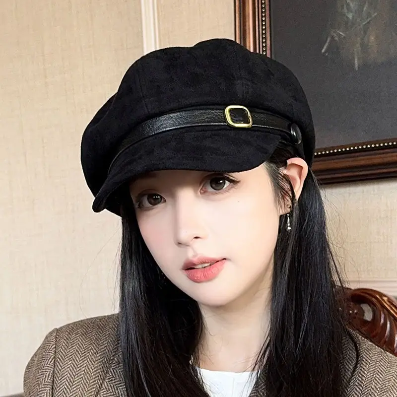 Women's Black Octagonal Beret Cap Spring Autumn Wear - Image 11