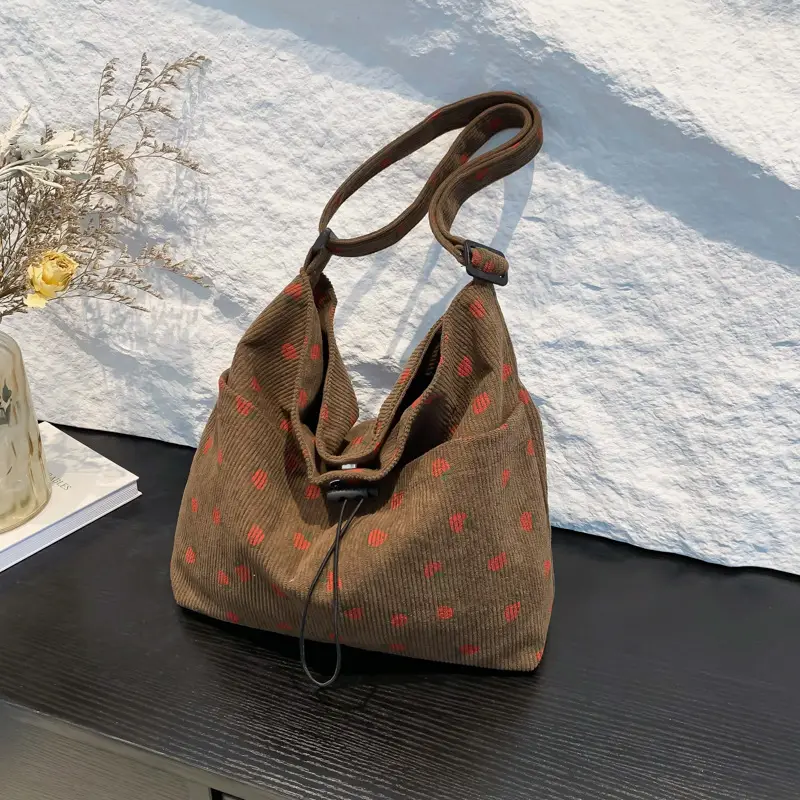 Women's Strawberry Printed Corduroy Shoulder Bag - Image 6