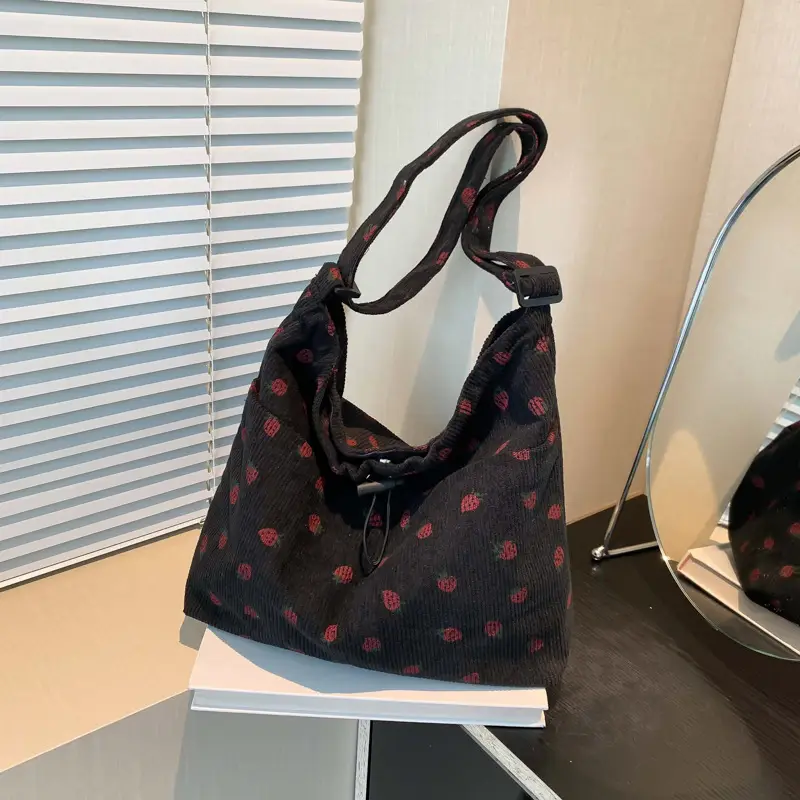 Women's Strawberry Printed Corduroy Shoulder Bag - Image 7