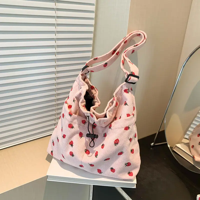 Women's Strawberry Printed Corduroy Shoulder Bag - Image 8