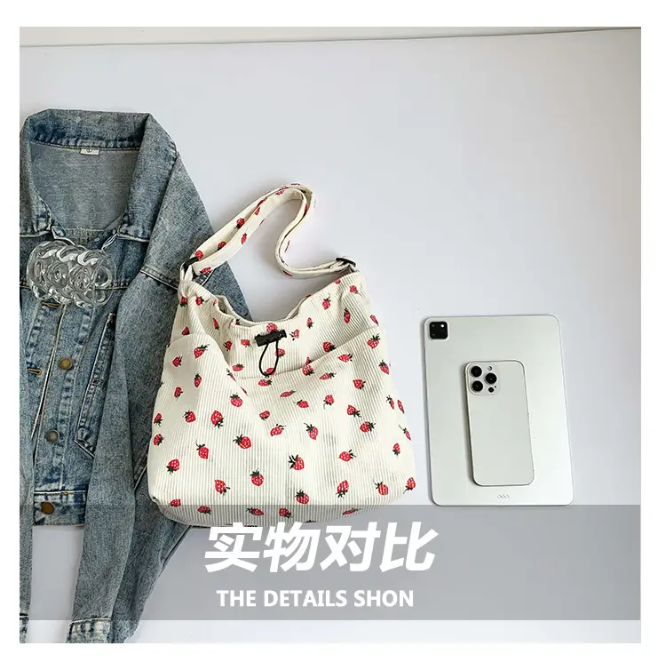 Women's Strawberry Printed Corduroy Shoulder Bag — feature 5