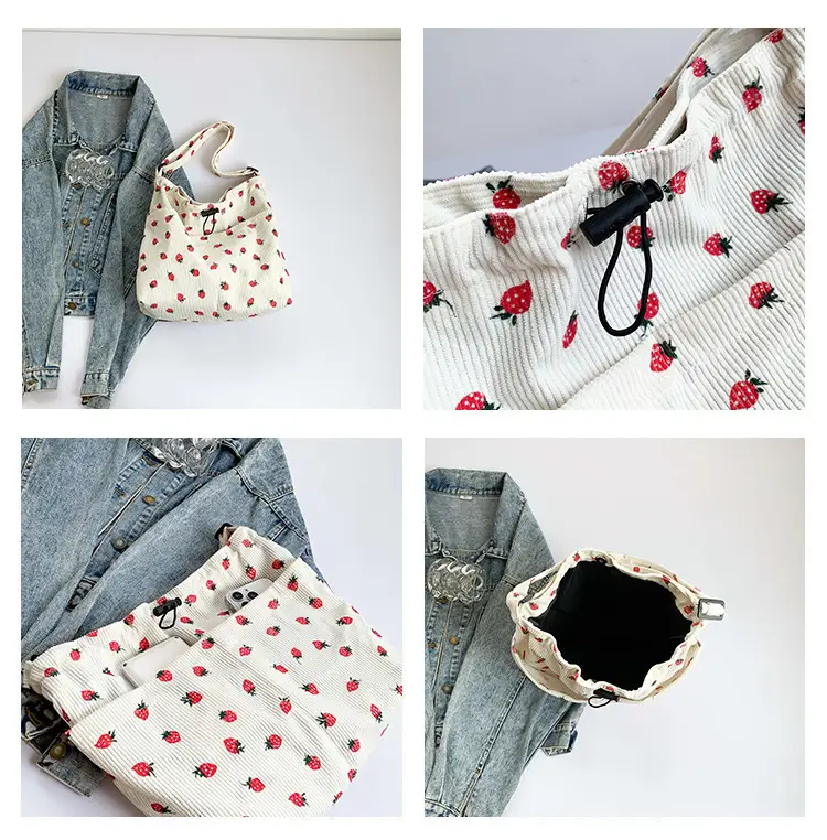 Women's Strawberry Printed Corduroy Shoulder Bag — feature 7
