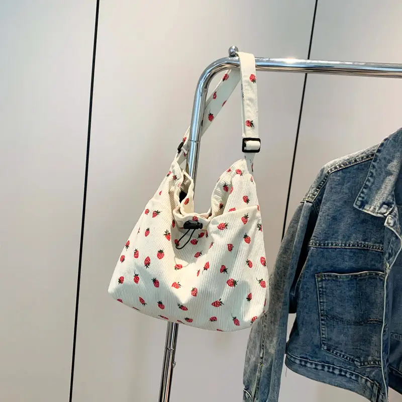 Women's Strawberry Printed Corduroy Shoulder Bag - Image 2