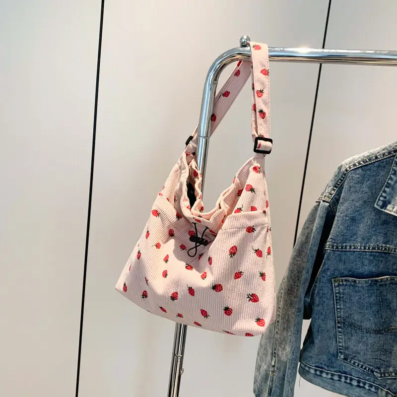 Women's Strawberry Printed Corduroy Shoulder Bag - Image 3