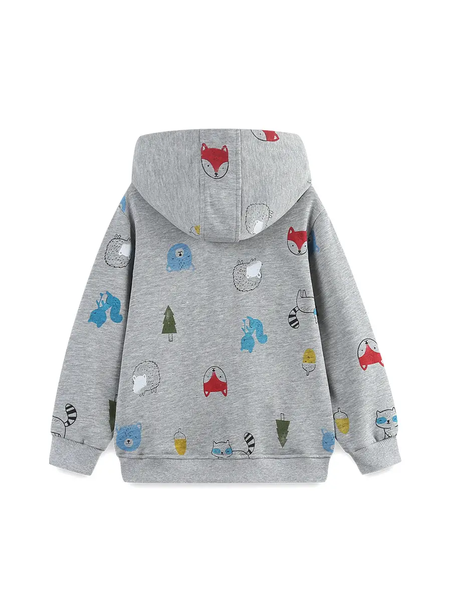 Autumn New Boys Coat Grey Zipper Knitted Cotton Printed Hooded - Image 3
