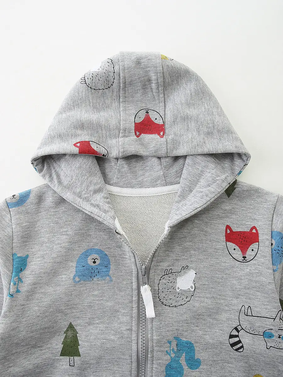 Autumn New Boys Coat Grey Zipper Knitted Cotton Printed Hooded - Image 4