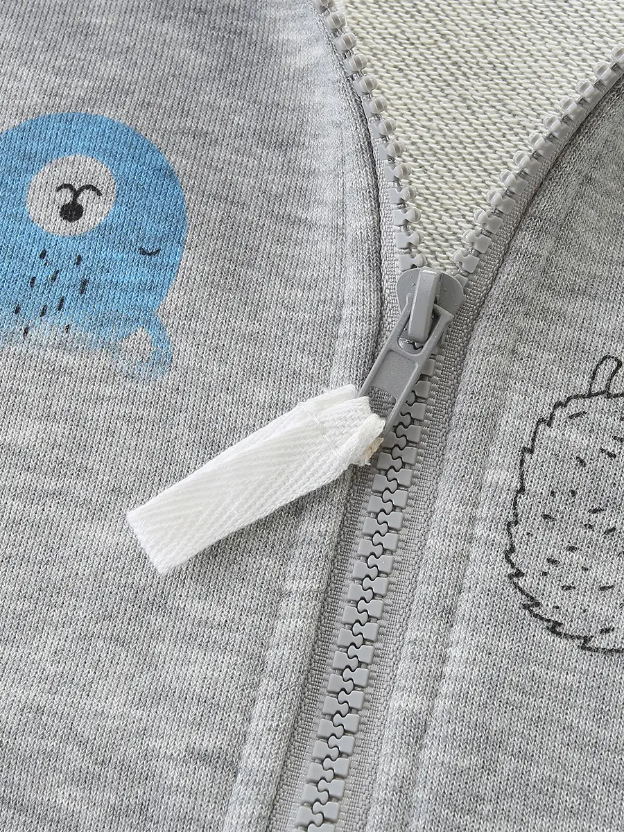 Autumn New Boys Coat Grey Zipper Knitted Cotton Printed Hooded - Image 5