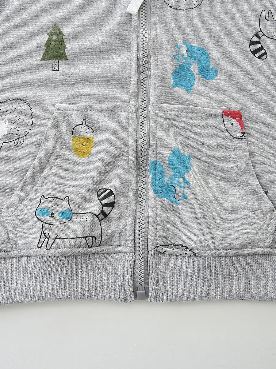 Autumn New Boys Coat Grey Zipper Knitted Cotton Printed Hooded - Image 6