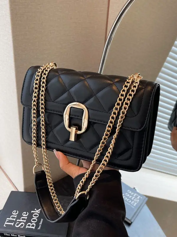 Women Rhomboid Lock Crossbody Bag Brown Gold Chain - Image 5