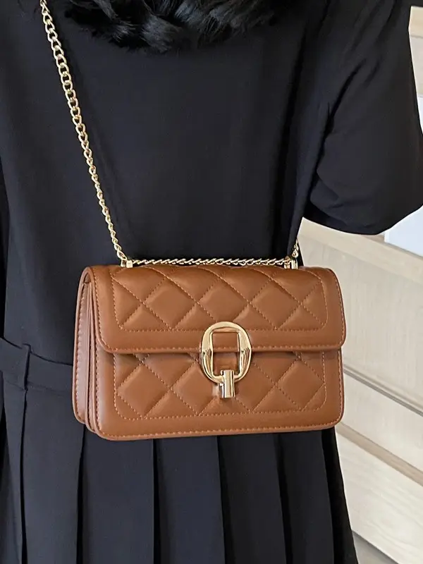 Women Rhomboid Lock Crossbody Bag Brown Gold Chain - Image 6
