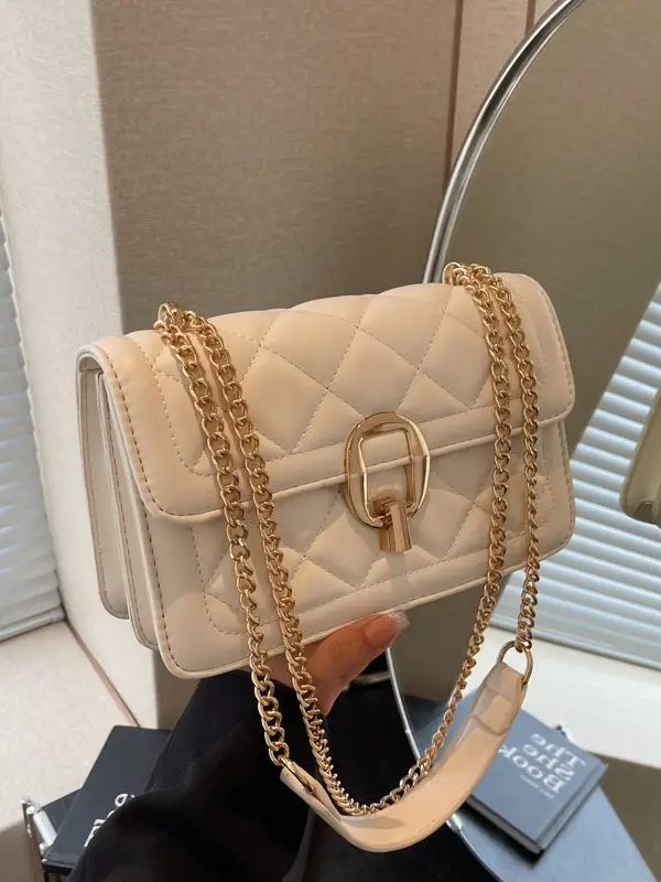 Women Rhomboid Lock Crossbody Bag Brown Gold Chain - Image 7
