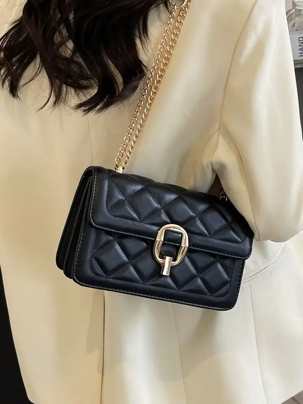 Women Rhomboid Lock Crossbody Bag Brown Gold Chain - Image 8