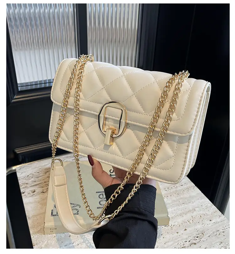 Women Rhomboid Lock Crossbody Bag Brown Gold Chain — feature 1