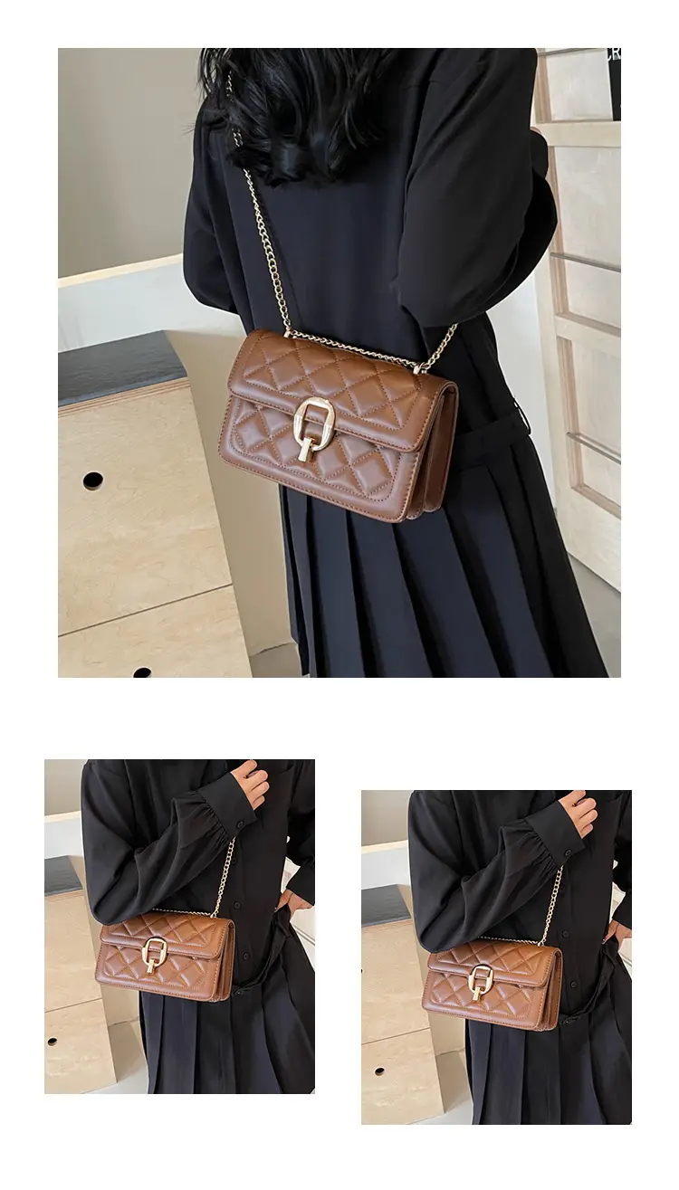 Women Rhomboid Lock Crossbody Bag Brown Gold Chain — feature 10