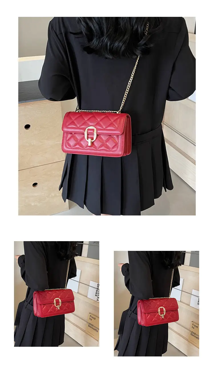Women Rhomboid Lock Crossbody Bag Brown Gold Chain — feature 11