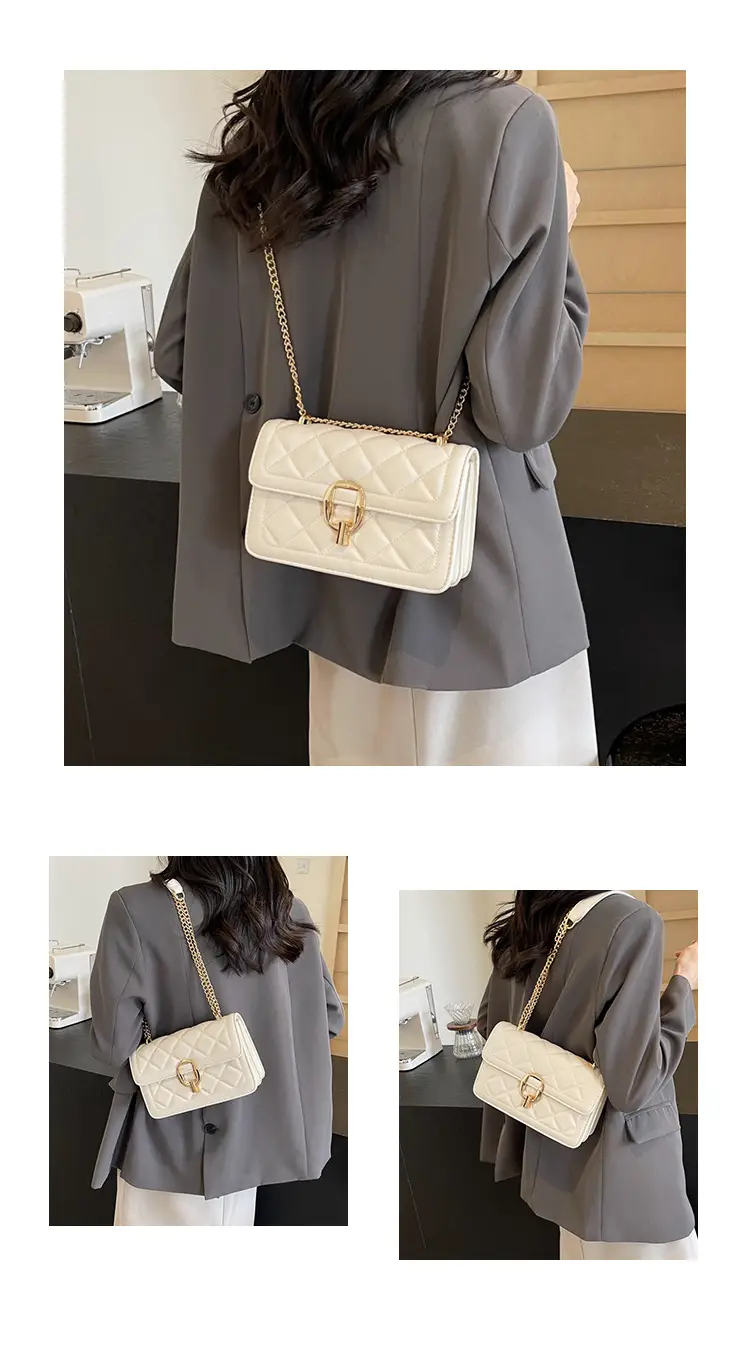 Women Rhomboid Lock Crossbody Bag Brown Gold Chain — feature 12