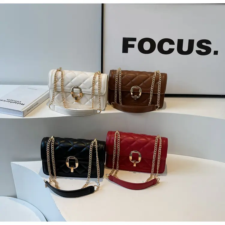 Women Rhomboid Lock Crossbody Bag Brown Gold Chain — feature 13