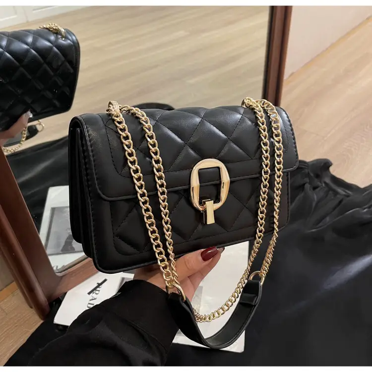 Women Rhomboid Lock Crossbody Bag Brown Gold Chain — feature 14