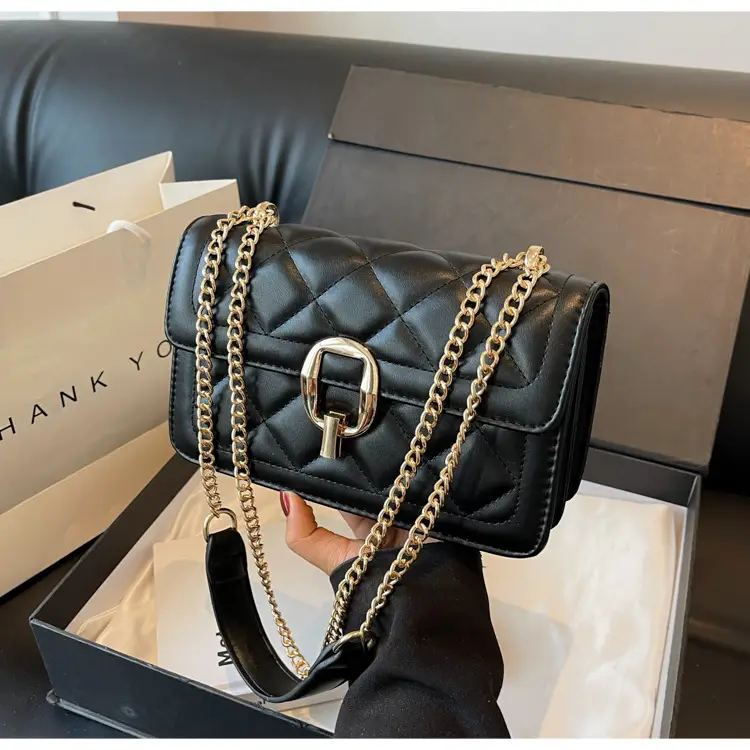 Women Rhomboid Lock Crossbody Bag Brown Gold Chain — feature 15
