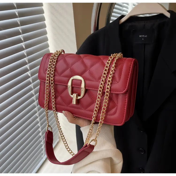 Women Rhomboid Lock Crossbody Bag Brown Gold Chain — feature 17