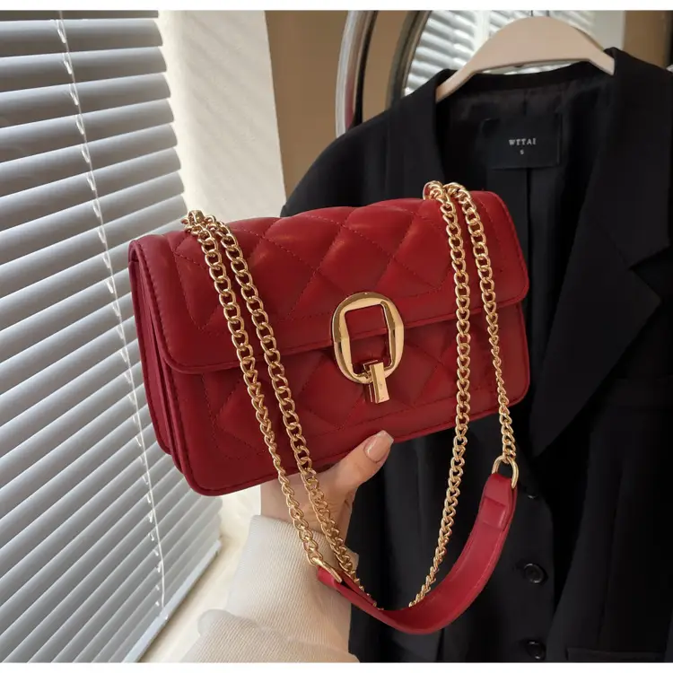 Women Rhomboid Lock Crossbody Bag Brown Gold Chain — feature 18