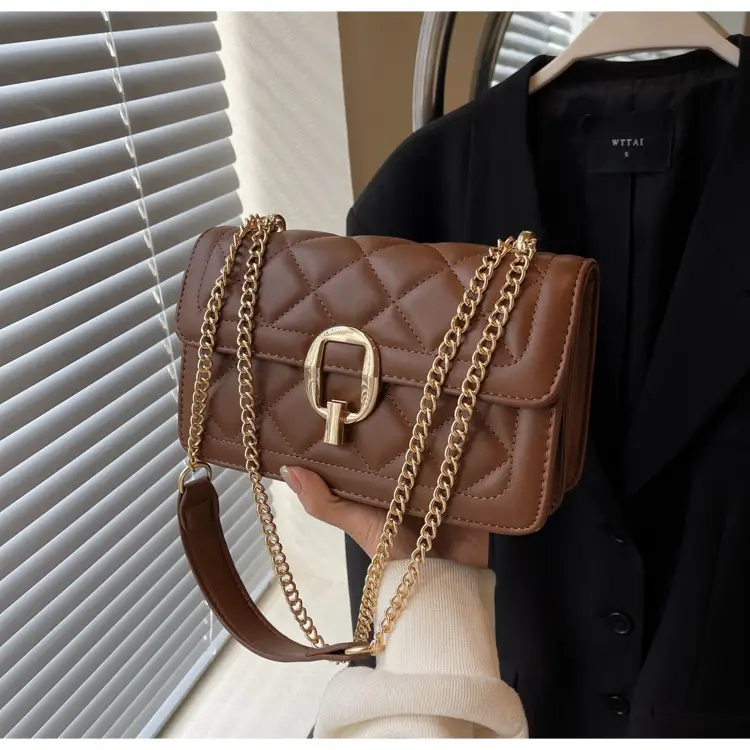 Women Rhomboid Lock Crossbody Bag Brown Gold Chain — feature 20