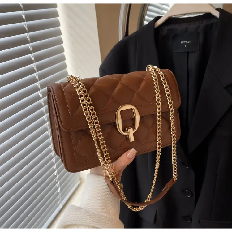 Women Rhomboid Lock Crossbody Bag Brown Gold Chain — feature 21