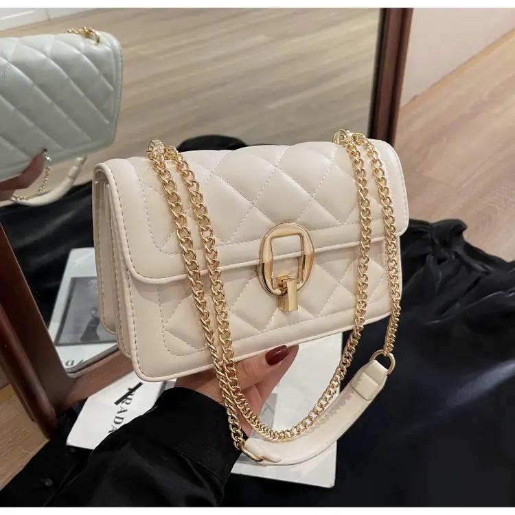 Women Rhomboid Lock Crossbody Bag Brown Gold Chain — feature 23