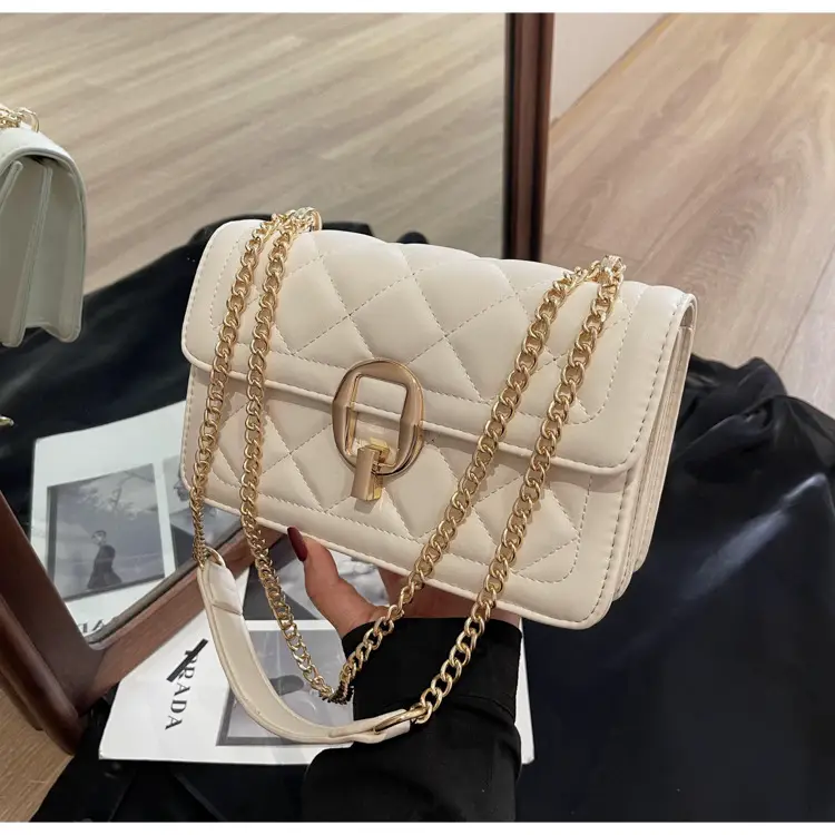 Women Rhomboid Lock Crossbody Bag Brown Gold Chain — feature 24