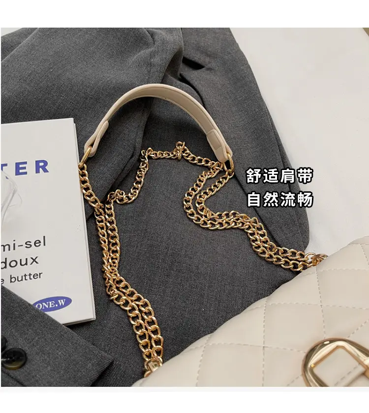 Women Rhomboid Lock Crossbody Bag Brown Gold Chain — feature 3