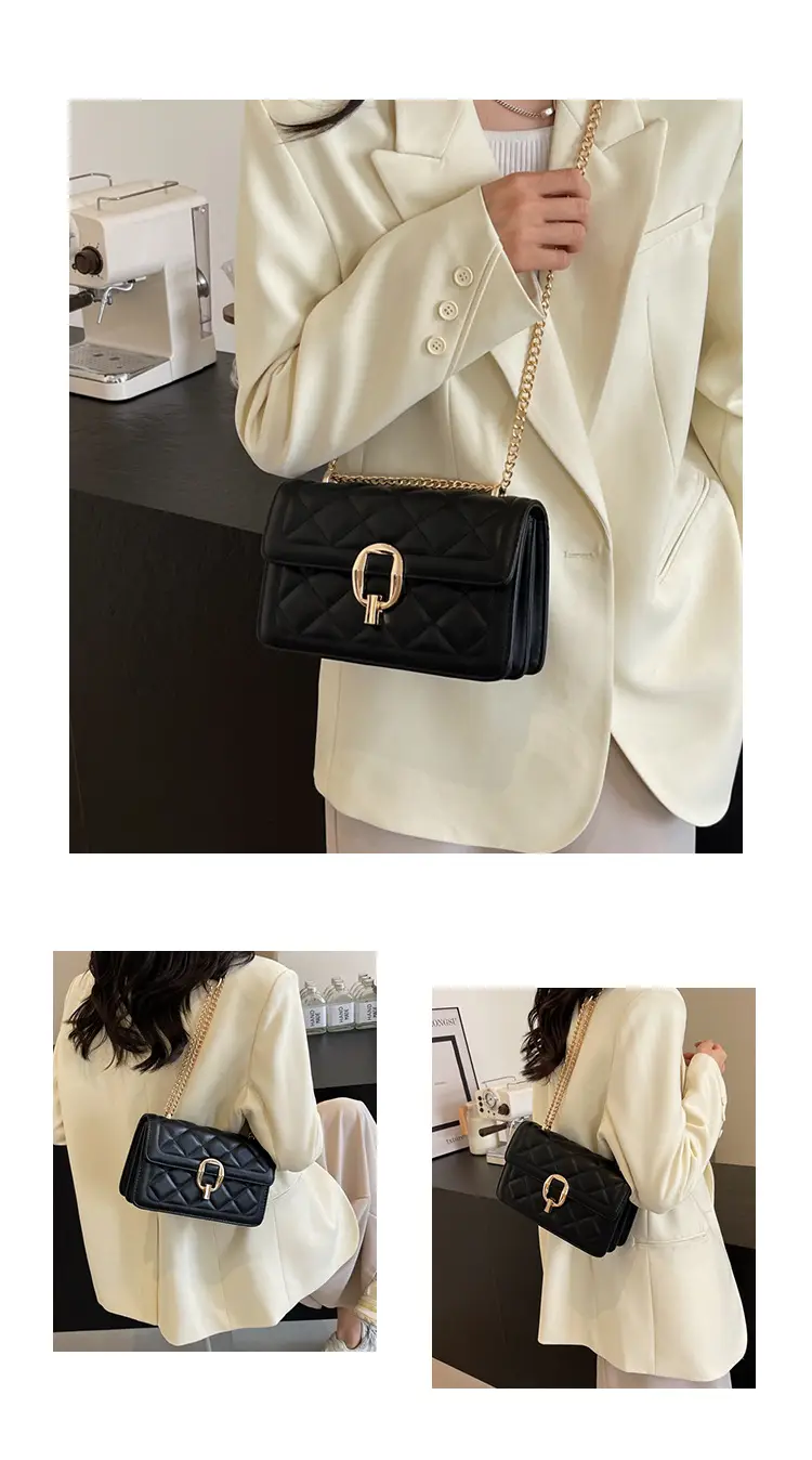 Women Rhomboid Lock Crossbody Bag Brown Gold Chain — feature 9